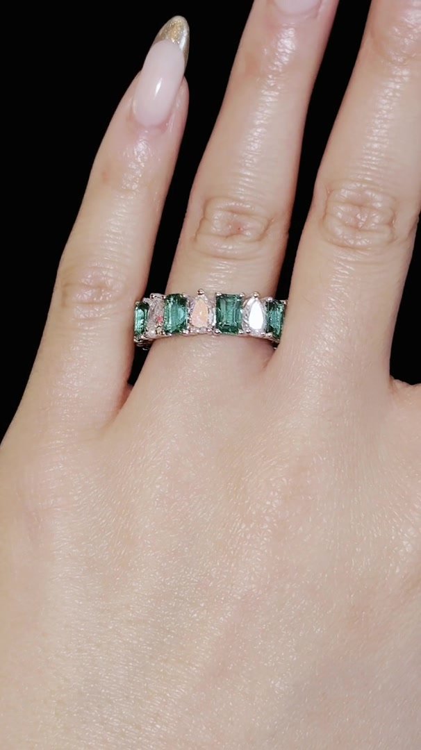 6.5cttw Pear Diamond & Green Emerald Eternity - Jewels of Toronto